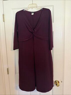 Perseption Knot-Front V-Neck Midi Dress in Deep Plum